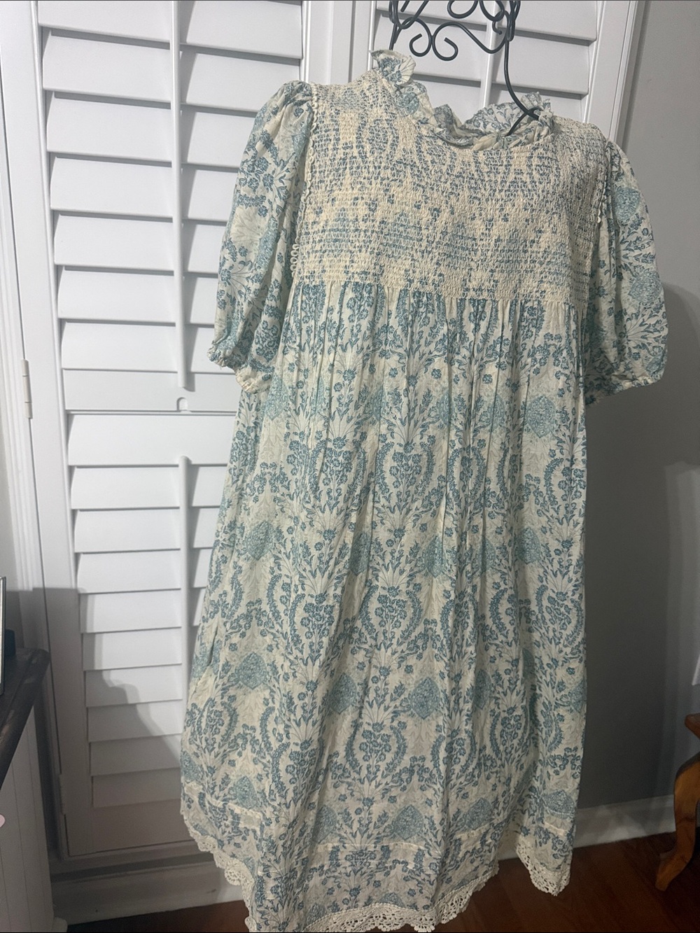 easel Cream and Blue Floral Smocked Midi Dress with Puff Sleeves